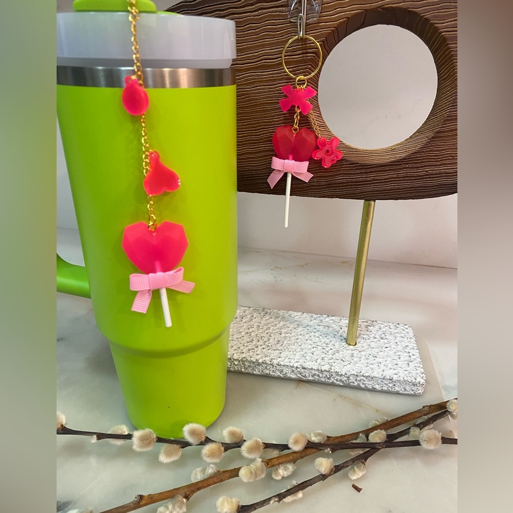 2 pieces heart set Stanley cup charm w/straw silicon & keychain party favors